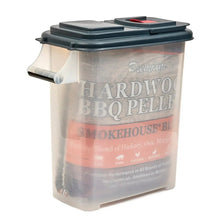 Pellet storage dispenser with black lid and clear side viewing panel.