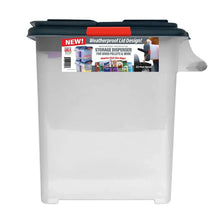 Pellet storage dispenser with black lid and translucent white body.