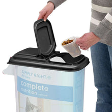 Food storage container with swing-up lid dispensing pet food
