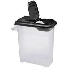 Food storage container with swing-up dispenser lid and opening