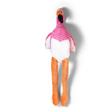 Pink flamingo rope dog toy with orange legs, white belly, and black beak