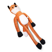 Side view plush orange fox rope dog toy with white belly patch and black feet