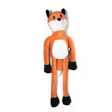 Orange and white plush rope fox dog toy with black legs and curled tail
