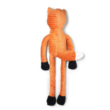 Orange plush rope fox dog toy with black feet and white muzzle, long-bodied