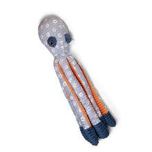 Octopus long-rope dog toy plush, gray dotted body with orange rope tentacles and blue tips