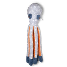Octopus long-rope dog toy plush, light gray with white dots, orange ropes, blue ends