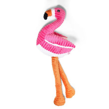 Pink flamingo rope dog toy with striped neck, orange legs, and white belly