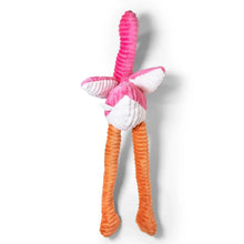 Pink flamingo rope dog toy with orange cord legs and white wings, stitched beak