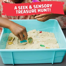 Blue sensory sand bin with hands searching through sand for hidden treasures