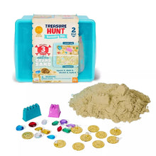 Blue sensory treasure hunt sand bin with sand, coins, gems, and building molds