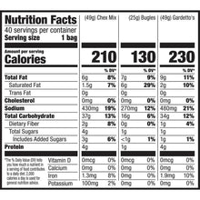 Nutrition Facts panel for variety pack snacks: Chex Mix, Bugles, Gardetto's; 1 bag serving