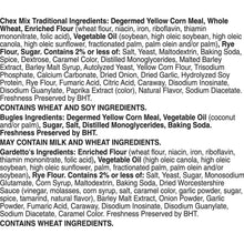 Ingredients panel for variety pack snacks featuring Chex Mix, Bugles, and Gardetto's