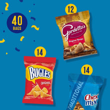 Snack variety pack graphic showing 12 Gardetto's, 14 Bugles, and 14 Chex Mix bags