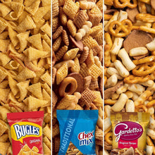 Assorted crunchy snack pieces close-up in a variety mix, including Bugles, Chex Mix, and Gardetto's