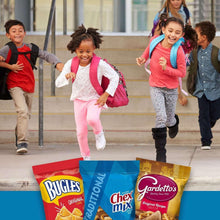 Variety pack snack bags on a sidewalk with children running in the background