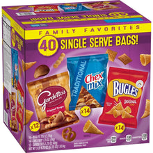 Variety pack snack box with 40 single-serve bags featuring Chex Mix, Bugles, Gardetto's