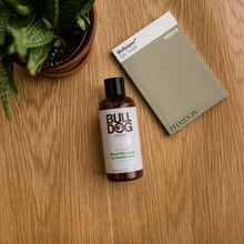 Beard shampoo and conditioner bottle with dark cap on wood surface near product cards.