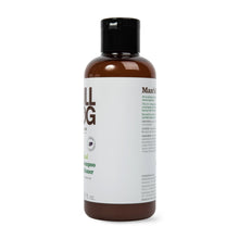 Beard shampoo and conditioner bottle side view with dark cap and back label text.