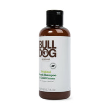 Beard shampoo and conditioner bottle front label, dark cap, Bulldog Skincare branding.