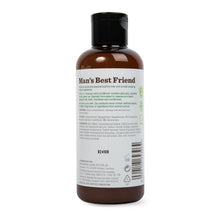 Beard shampoo and conditioner bottle back label, dark cap, brown bottle.