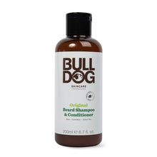 Beard shampoo and conditioner bottle with dark cap, brown bottle, Bulldog Skincare logo.