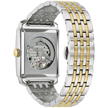 Two-tone stainless steel automatic wristwatch with visible movement on the caseback