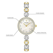 Bulova two-tone watch with crystal bezel, mother-of-pearl dial, and gold accents