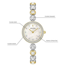 Two-tone round crystal watch with white dial and gold-and-silver link bracelet