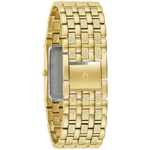 Gold-tone bracelet watch showing crown and rectangular case with mesh-like links