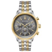 Two-tone stainless steel watch with gold accents and dark dial, Bulova logo