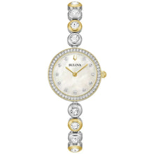 Two-tone crystal bezel wristwatch with mother-of-pearl dial, gold hands, silver bracelet