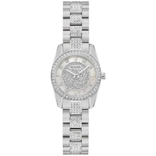 Bulova ladies wristwatch with crystal bezel, sparkly dial, and silver link band