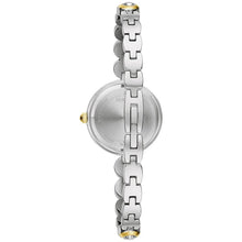 Two-tone round dial watch back with gold crown, silver link bracelet, case in profile