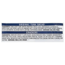 Ingredients label for original tuna salad and crackers, wheat flour and tuna