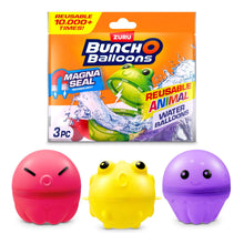 Set of three reusable animal water balloons: green frog, pink pig, purple octopus