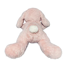 Pink bunny plush from front with floppy ears and a white heart-shaped belly patch