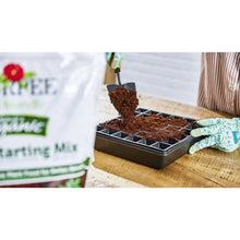 Seed starting mix soil block and seedlings trays on a wooden work surface