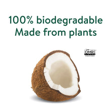 Green label text: 100% biodegradable, made from plants with coconut half illustration