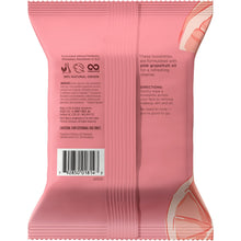 Back of pink facial towelettes pouch with barcode and directions