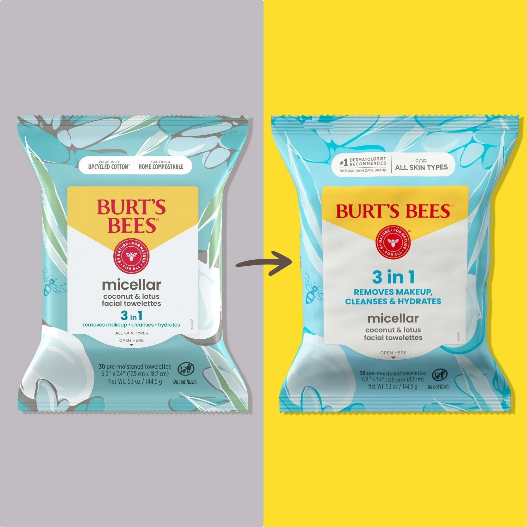 Burt's Bees Micellar Coconut and Lotus Facial Towelettes, 30 Count