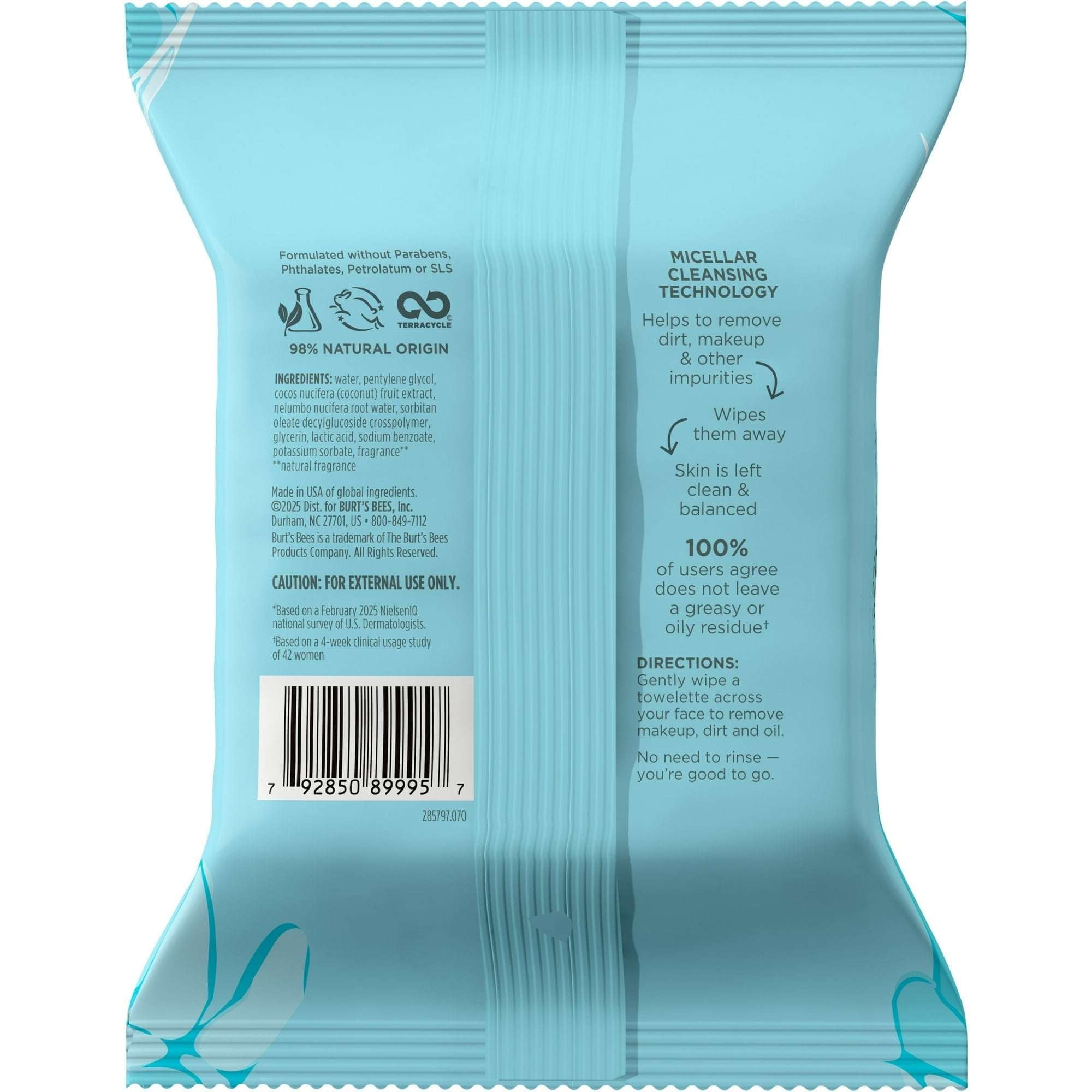Burt's Bees Micellar Coconut and Lotus Facial Towelettes, 30 Count