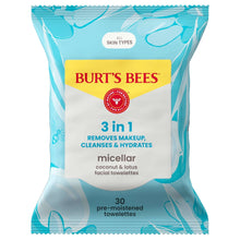 Micellar facial towelette pouch with Burt's Bees logo and 3 in 1 panel