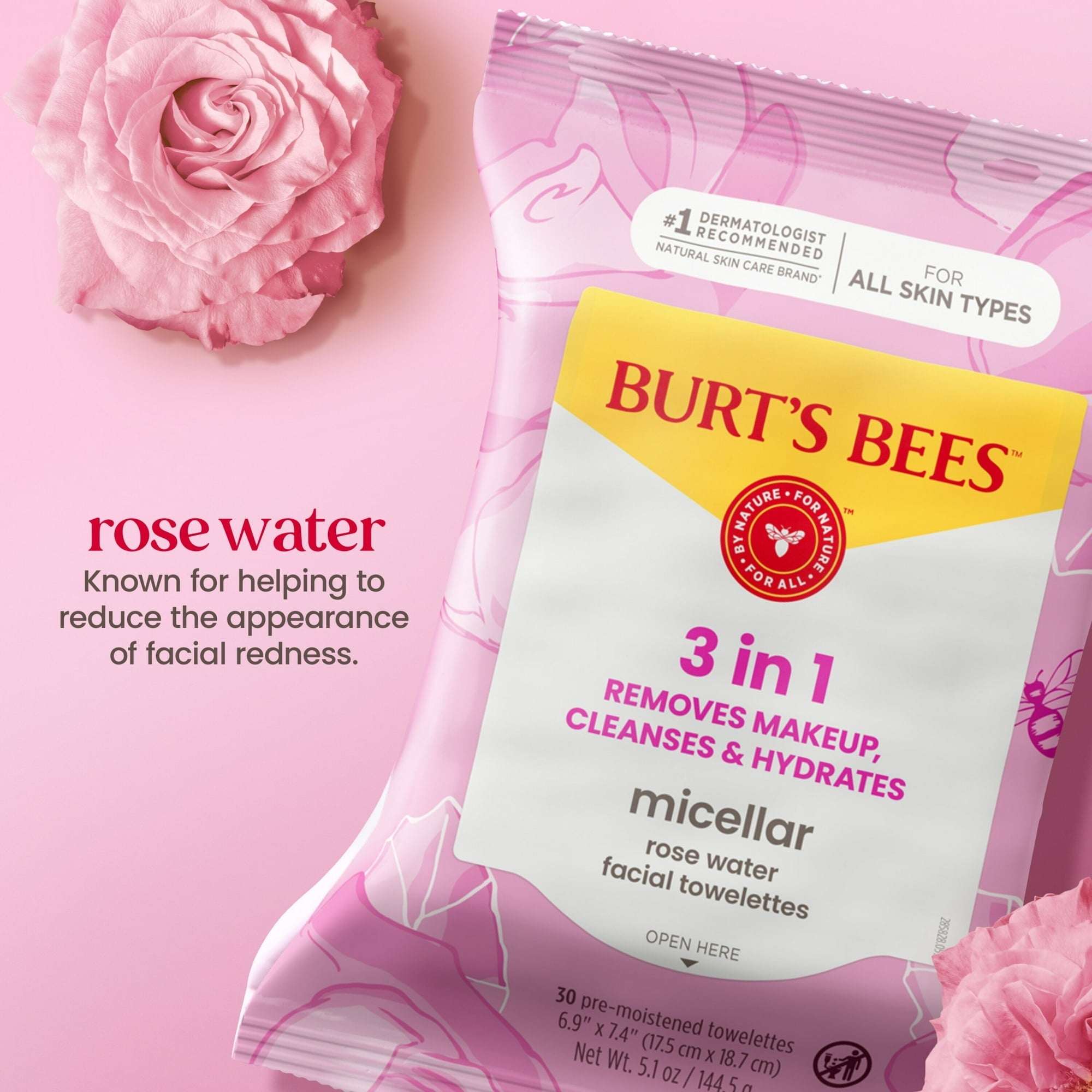 Burt's Bees Micellar Facial Towelettes With Rose Water, 30 ct. Package