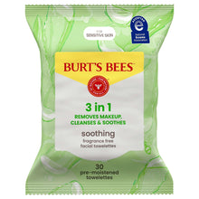 Fragrance-free facial cleansing towelettes pack, green wrapper with Burt's Bees logo.