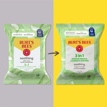 Facial cleansing towelettes pack shown side-by-side, Burt's Bees front labels with arrow.