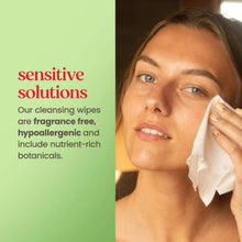 Facial cleansing towelettes used on face, white wipe held against skin.