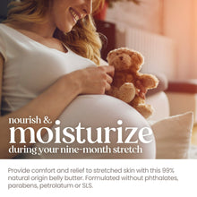 Mother and teddy bear, belly butter nourishment and moisturizing promotional graphic