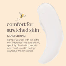 White belly butter smear with comfort-for-stretched-skin promotional text