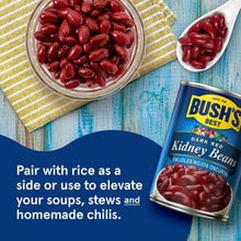 Bush's Best dark red kidney beans can with visible dark red beans in a bowl