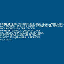Ingredients panel for dark red kidney beans with water, sugar, salt, and EDTA